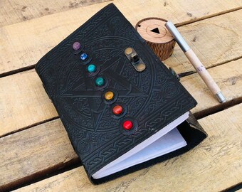 New Black Pentagram Leather Journal with Seven stone, Blank Spell, book of shadows, Grimoire, Notebook, sketchbook (7x5 Inch)