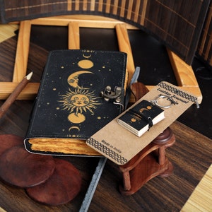 Sun and moon goddess journal Spell book of shadows journal deckle edge paper vintage leather journal notebook unlined Daily diary 7x5 Inch
