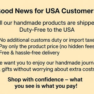 May include: Text on a light yellow background reads "Good News for USA Customers!" followed by details about duty-free shipping, including no additional customs duties, product price only, and free delivery.
