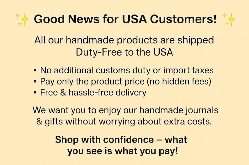 May include: Text on a light yellow background reads "Good News for USA Customers!" followed by details about duty-free shipping, including no additional customs duties, product price only, and free delivery.