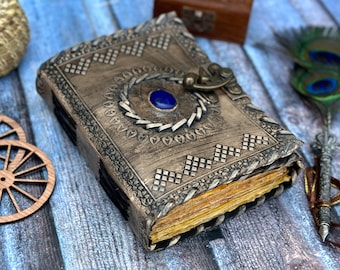 Embossed Leather Grimoire Journal: Lapis Lazuli Stone, Vintage Lock