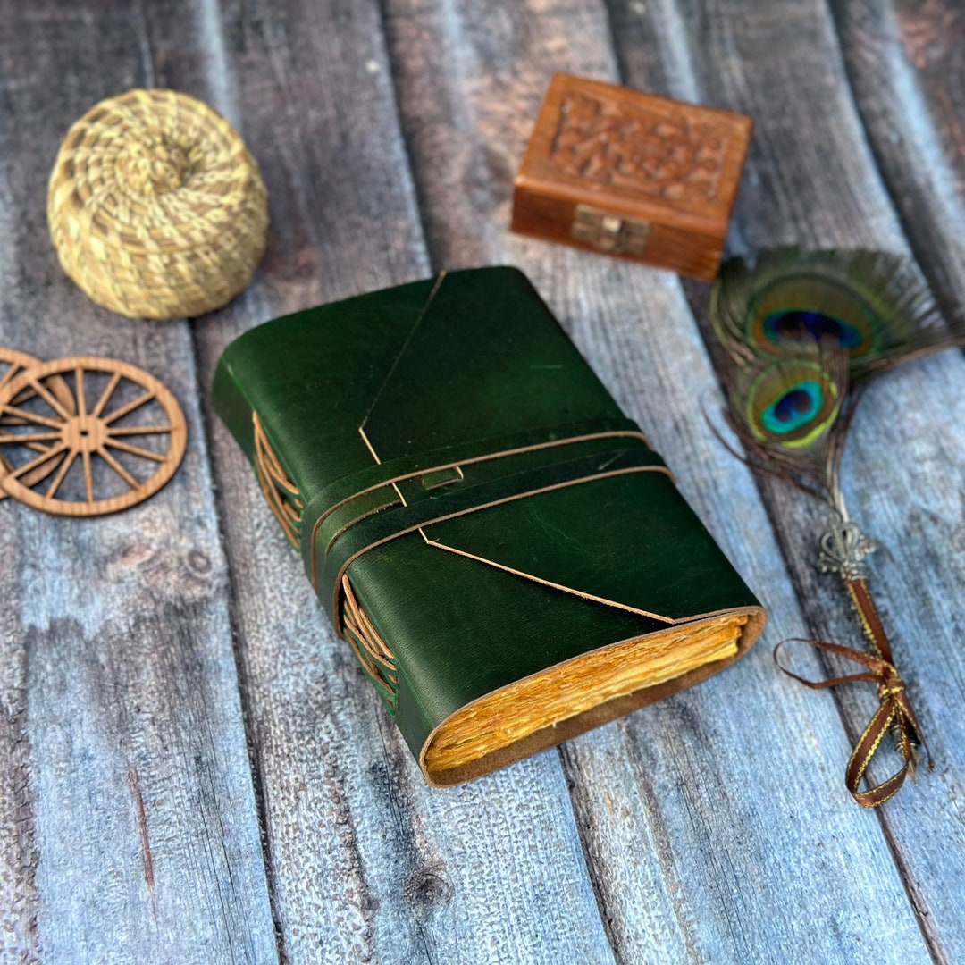 Handmade Green Leather Journal - Vintage Deckle Edge Paper Sketchbook ...