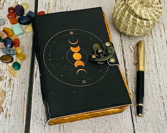 Moon Phase leather Print journal - Print moon Goddess Notebook- Blank spell witch book of shadow, witchcraft, personalized Gifts For Him Her