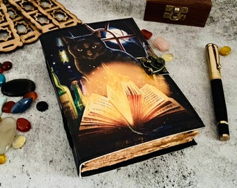 Spell book of Shadows leather journal - Leather Cat Print journal - Travel notebook, Best Gifts For Valentine's 7x5 Inches