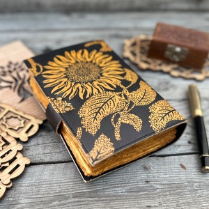 Grimoire leather journal, Leather Print Sunflower journal, Blank spell book book of shadows Leather Gifts For Him Valentine&#39;s Day
