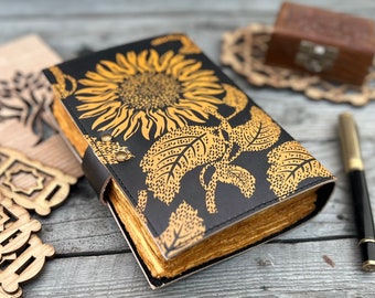 Grimoire leather journal, Leather Print Sunflower journal, Blank spell book book of shadows Leather Gifts For Him Valentine's Day