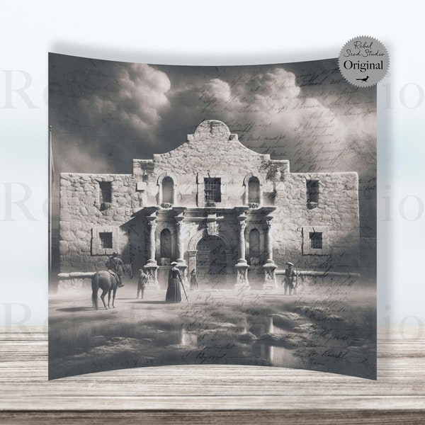 Alamo and Muster Roll - Black and White Version - Curved Metal Art Print - Tabletop Decor (Clearance Item)