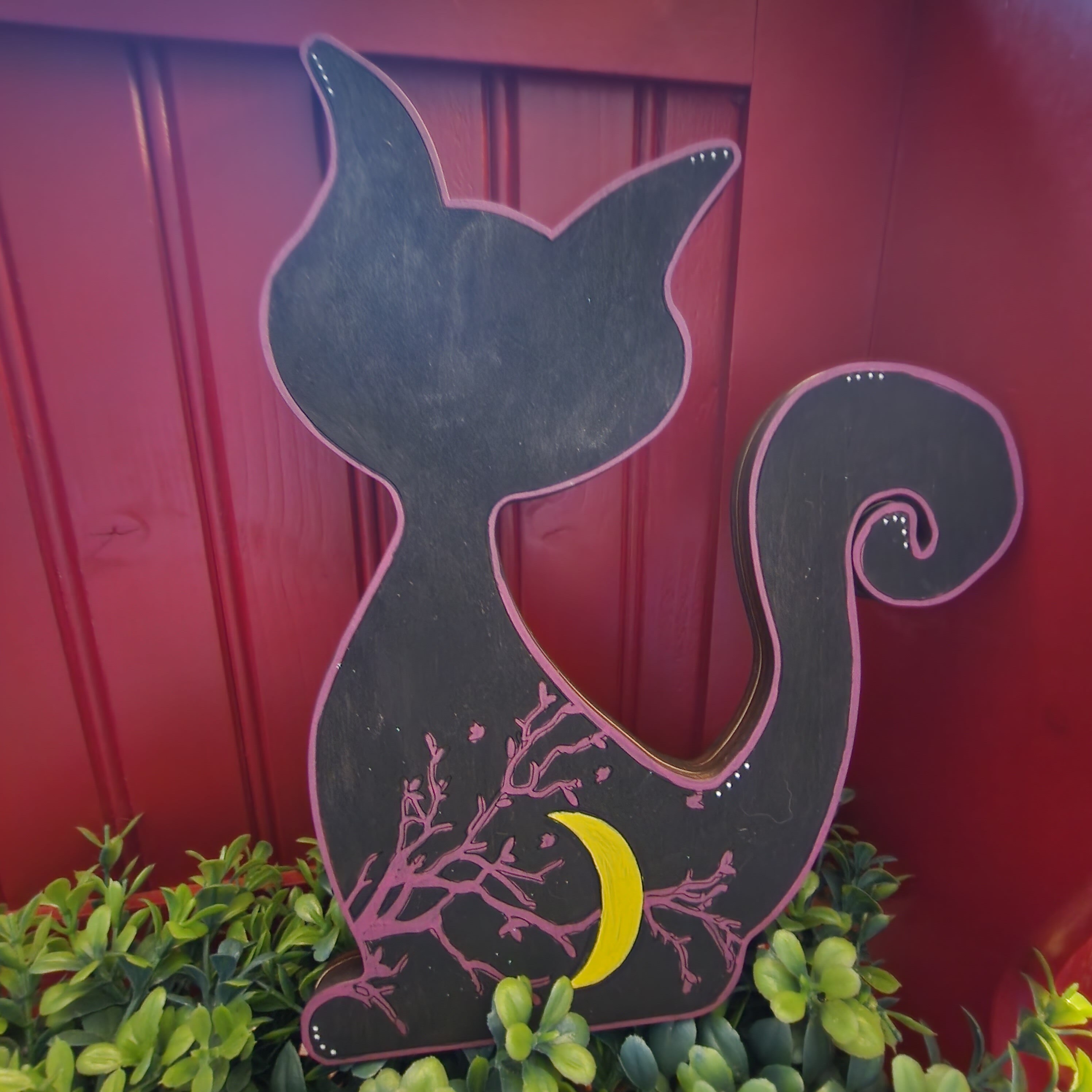 Black Cat Shelf Sitter, Rustic Farmhouse Halloween Decor, Fall Decor, Wooden Cat, Thanksgiving, Fall Cat, Black Cat with Vine and Moon
