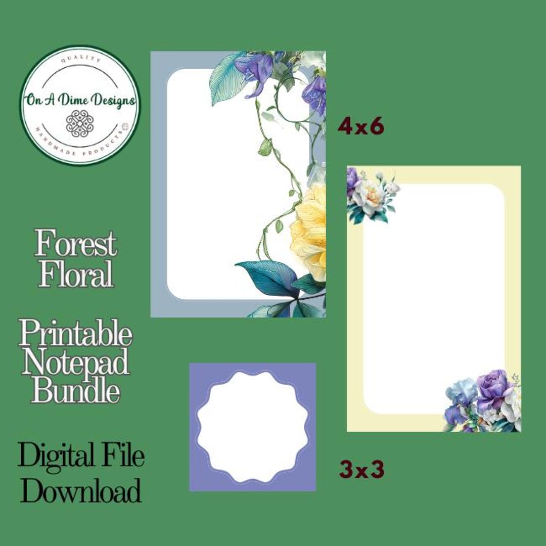 Forest Floral Printable Notepad Bundle, 4x6 & 3x3 Notes, Botanical ...