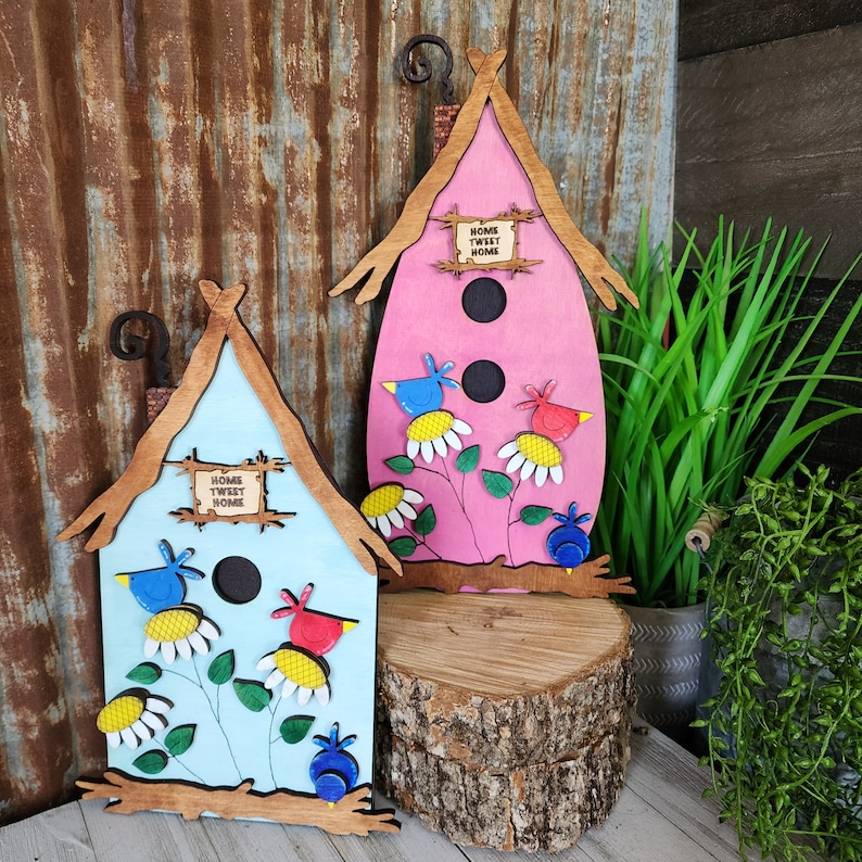 Wooden Decorative Birdhouse Shelf Sitter, Bird Lover Gift, Spring Decoration for Her, Whimsical Decor, Easter Gift for Her, Nature lover image 1