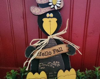 Fall Old Crow Shelf Sitter with Personalized Saying, Rustic Fall Farmhouse Wooden Halloween and Thanksgiving Decoration