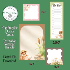 Könnte beinhalten: Ein digitales, druckbares Notizblock-Bundle mit grünem Hintergrund. Das Bundle enthält einen 12,7x17,8 cm Notizblock, zwei 7,6x7,6 cm Notizblöcke und eine 6,4x17,8 cm To-Do-Liste. Die Notizblöcke zeigen Illustrationen von Enten und einem Mädchen, das eine Ente füttert. Der Text lautet "Feeding the Ducks Notes".