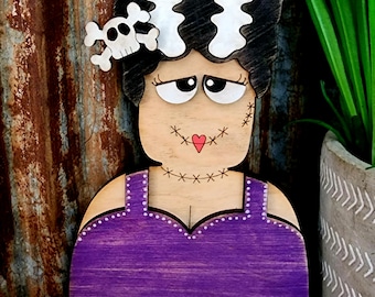 Bride of Frankenstein Shelf Sitter, Rustic Farmhouse Halloween Decor, Fall Decor, Wooden Halloween, Mrs. Frankenstein,