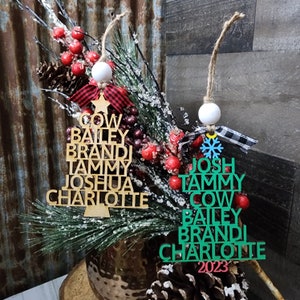 Personalized Family Names Christmas Ornament with Snowflake Star Angel and Paw Options/Year or Tree Trunk Base/Baby Shower Gift, Gift Tag