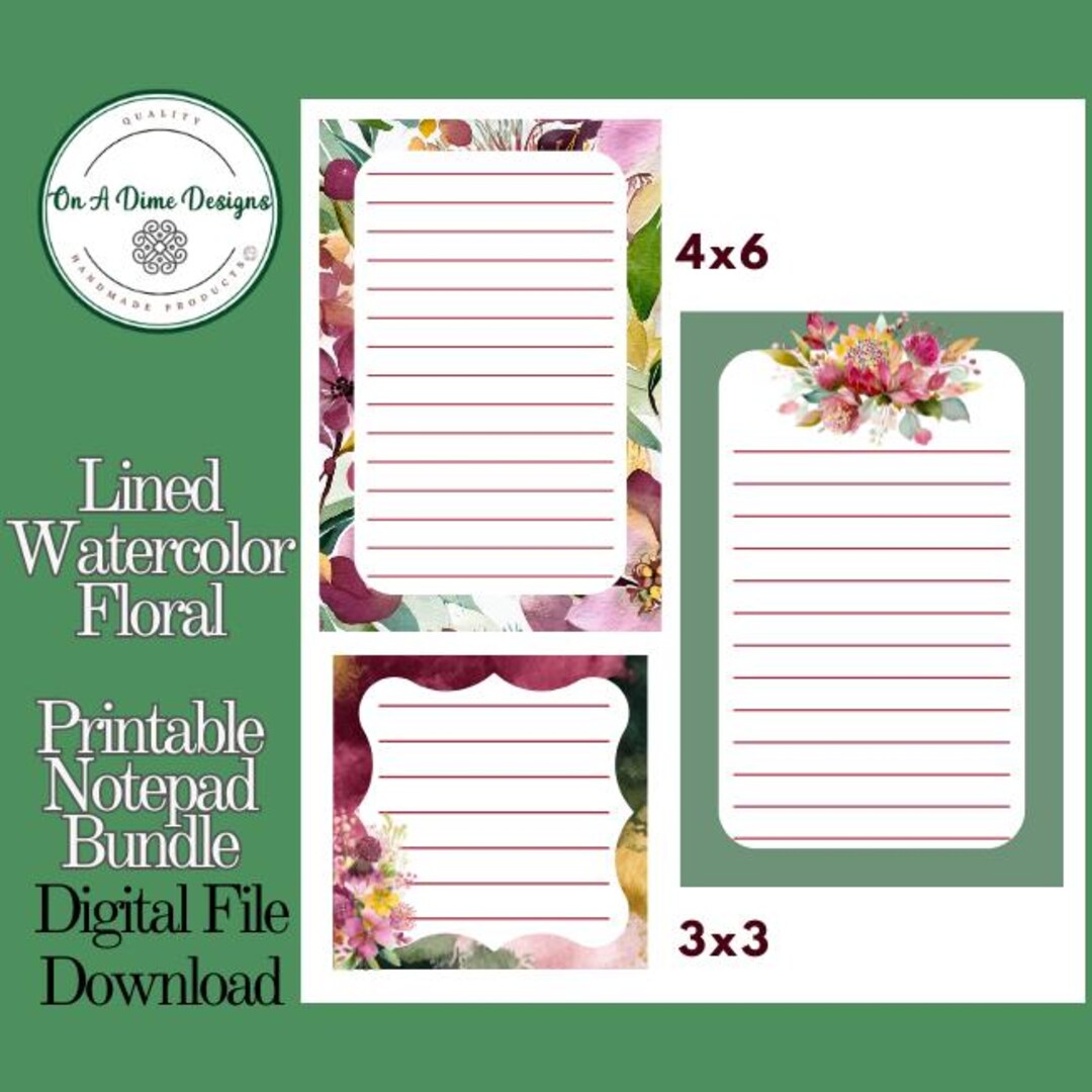 Botanical Notepad Lined Watercolor Floral Notepad Bundle | Printable 4x6 & 3x3 Notes ...