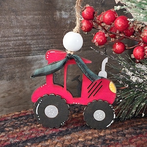 Handmade Wooden Tractor Ornament: Red Farmhouse Christmas Decor