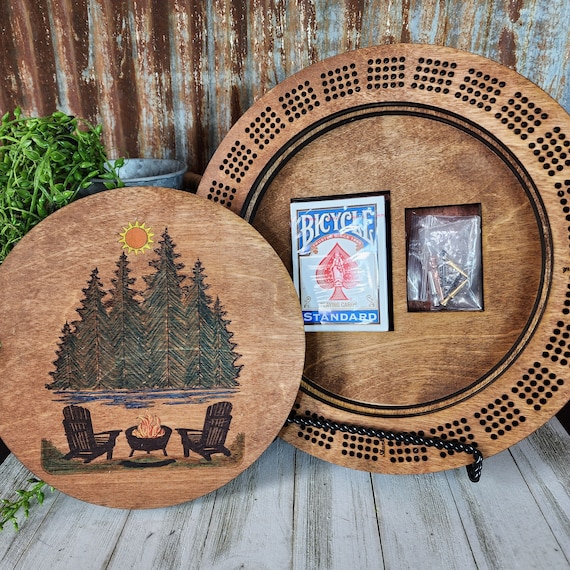 Round Four Person Wooden Cribbage Board
