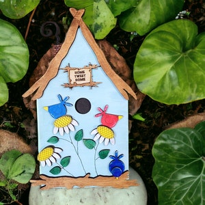 Wooden Decorative Birdhouse Shelf Sitter, Bird Lover Gift, Spring Decoration for Her, Whimsical Decor, Easter Gift for Her, Nature lover image 3