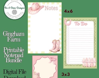 Paquete de blocs de notas imprimibles Gingham Farm, notas de vaquera, 4x6 y 3x3, papelería western rosa, descarga instantánea.
