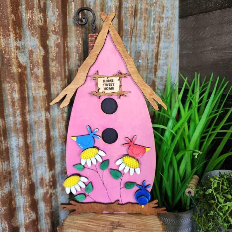 Wooden Decorative Birdhouse Shelf Sitter, Bird Lover Gift, Spring Decoration for Her, Whimsical Decor, Easter Gift for Her, Nature lover image 5