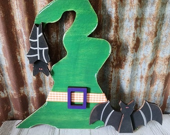 Witches Hat Shelf Sitter with Bat accents, Rustic Farmhouse Halloween Decor, Fall Decor, Wooden Witch, Bat, Thanksgiving,