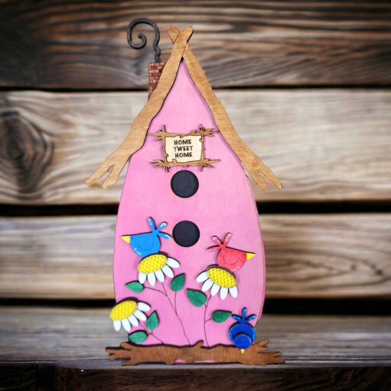 Wooden Decorative Birdhouse Shelf Sitter, Bird Lover Gift, Spring Decoration for Her, Whimsical Decor, Easter Gift for Her, Nature lover image 2
