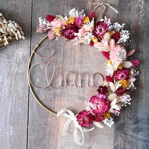 Dried flower crown with first name, customizable birth gift, children's room, wall decoration Christmas gift baby birth list