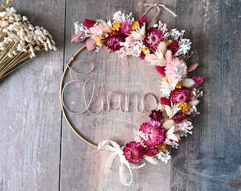 Wreath in dried flowers first name, customizable birth gift, children's room decoration, wall decoration