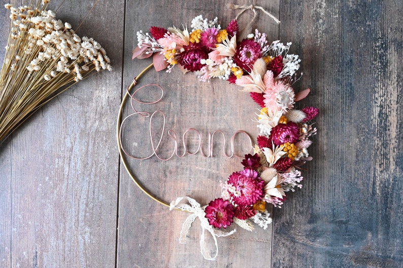 Wreath in dried flowers first name, customizable birth gift, children's room decoration, wall decoration 