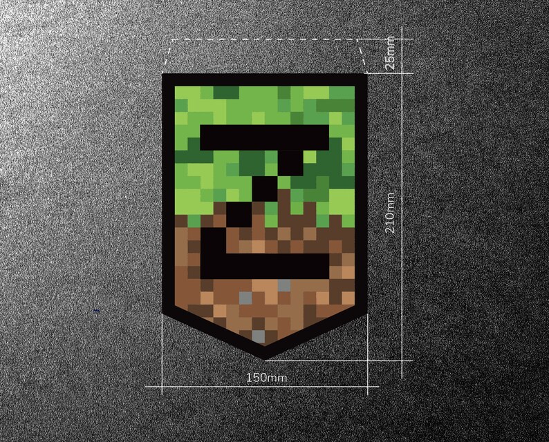 May include: A green and brown Minecraft-themed patch with a black outline. The patch is shaped like a shield and measures 6 inches wide by 8.25 inches tall.