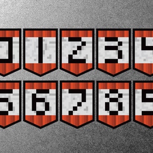 May include: Ten red and white pixelated banners with black numbers 0 through 9 on a gray background.