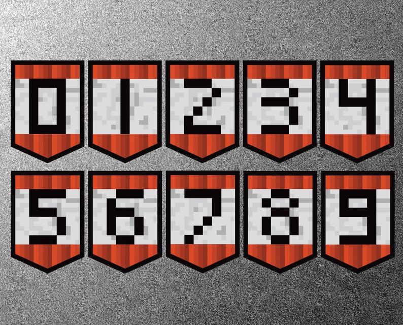 May include: Ten red and white pixelated banners with black numbers 0 through 9 on a gray background.
