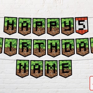 Geburtstag Dekoration Pixel Spiel Banner, Printable Bundle sofortiger Download, Alphabet Girlande Kinder Party, Mine Block Pixel, Digital Clipart