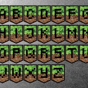 May include: A set of 26 alphabet letters in a Minecraft-themed style. Each letter is displayed on a green and brown banner with a black border. The letters are in uppercase and are pixelated.