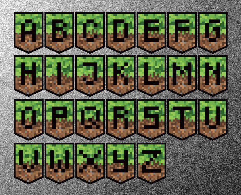 May include: A set of 26 alphabet letters in a Minecraft-themed style. Each letter is displayed on a green and brown banner with a black border. The letters are in uppercase and are pixelated.