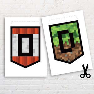 May include: Two printable Minecraft banner designs. The first banner is red and white with a black letter O. The second banner is green and brown with a black letter O.