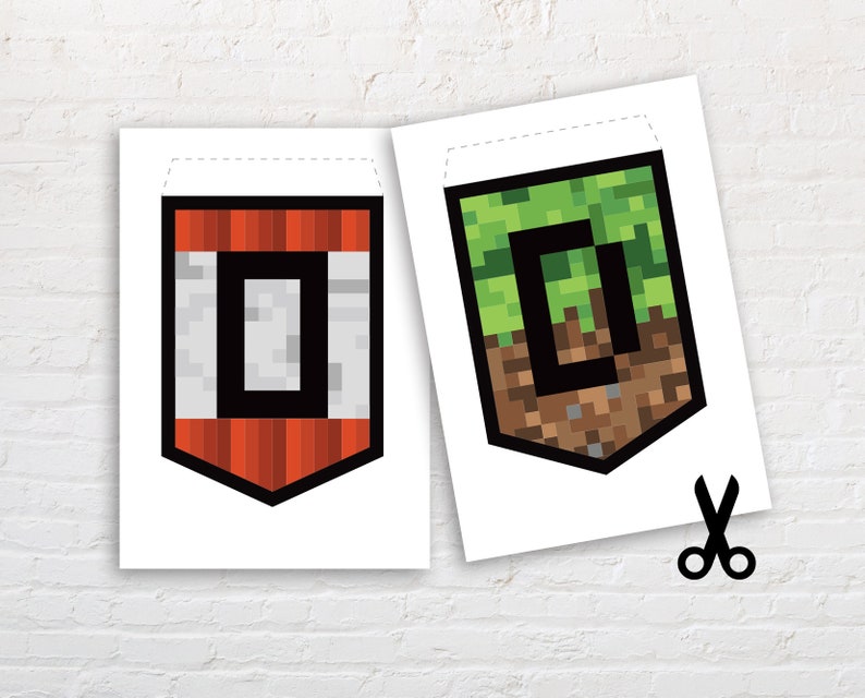 May include: Two printable Minecraft banner designs. The first banner is red and white with a black letter O. The second banner is green and brown with a black letter O.