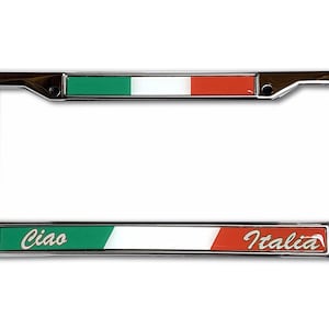 May include: Chrome license plate frame with a green, white, and red Italian flag design. The words "Ciao" and "Italia" are printed on the frame in a white cursive font.