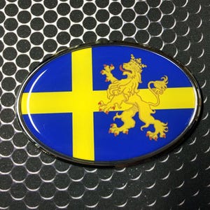 May include: A blue and yellow oval car emblem with a gold lion in the center. The lion is standing on its hind legs with its tongue sticking out. The lion has a crown on its head. The emblem is surrounded by a silver border.