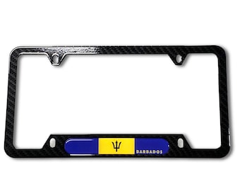May include: Black carbon fiber license plate frame with a blue, yellow, and gold Barbados flag and the word "Barbados" printed on it.
