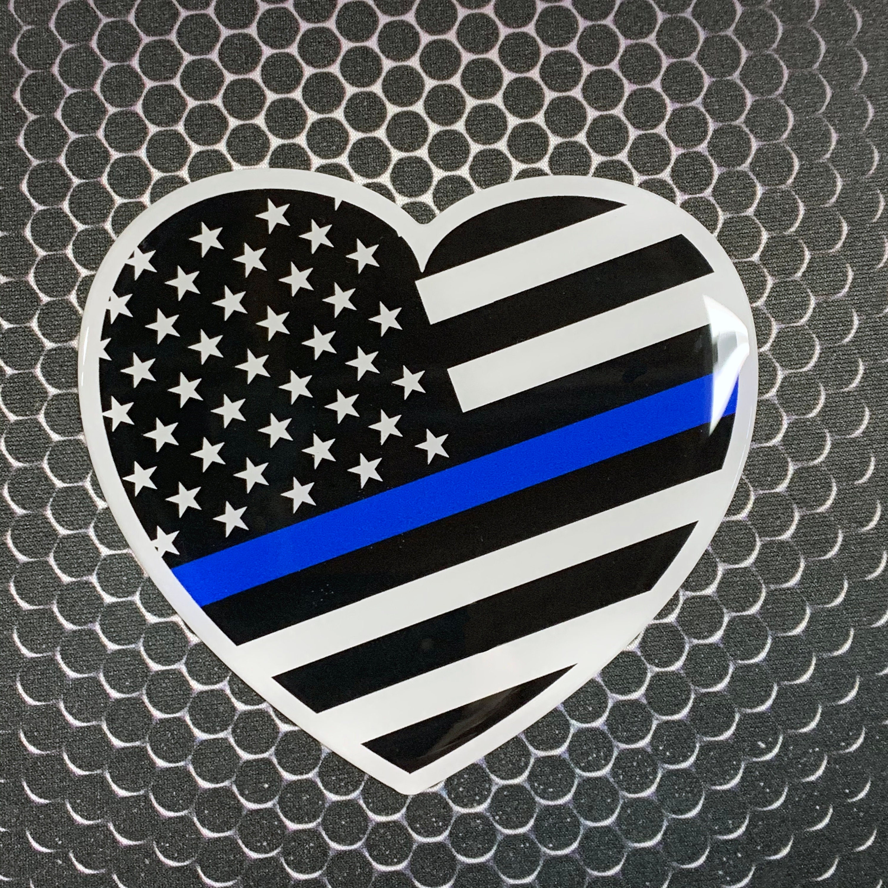 patriotic tbl heart Made In U.S.A THIN BLUE LINE Love Domed Gloss Black Emblem Proud Police Flag 3D Sticker 4x 3.65 Merica