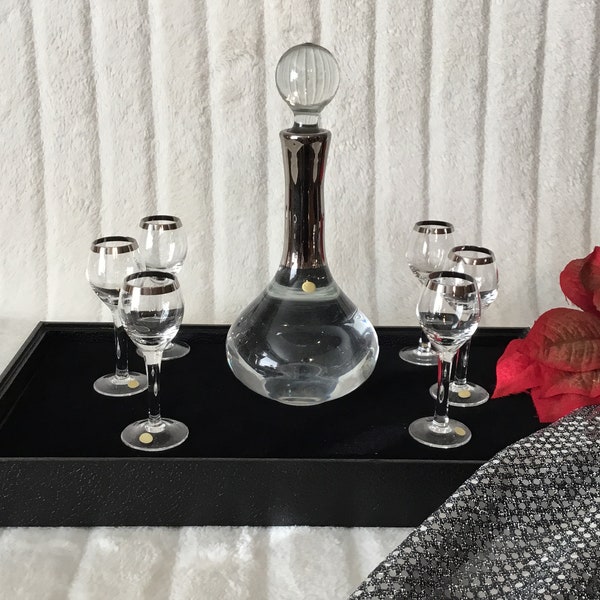 Elegant Stamped Made In Hungary  / This Beautiful Decanter Set With Silver Rims 6 Footed 1 Ounce Shot Glasses And Matching