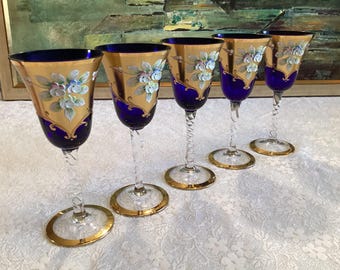 Tre Fuochi Venetian Murano Wine Glasses Cobalt Blue With 24K Gold Overlay Elegant Dining Ware Wine Glasses Drink Ware Flowers Embossed Rare