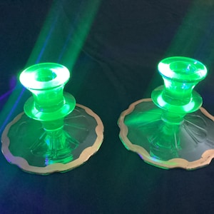 Uranium Candleholder’s With Gold Ruffled Edges And Great Glow Perfect For The Collection
