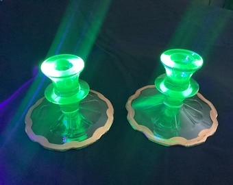 Uranium Candleholder’s With Gold Ruffled Edges And Great Glow Perfect For The Collection