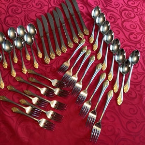 40 Pieces Of Elegant Chantal Pattern Cambridge Stainless Steel Flatware 8 Place Setting/Silver Gold Accents /Tableware/Wedding/Occasions