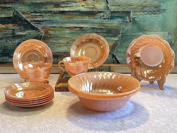 Peach Lustre Anchor Hocking Fire King Tea Cups Saucers Serving