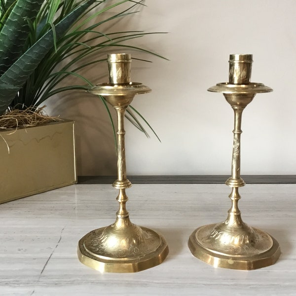 Pair Of Solid Brass Etched With Flowers And Leaves Made In India Candle Holder’s / Great For Those Candlelight Dinners And Brass Collectors