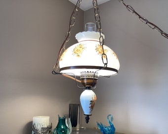 Vintage Ceiling Adjustable Chain Drop Down Elegant White Ruffled Milk Glass Hurricane Light