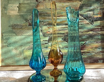 Swung Vases 3 To Choose From Elegant Colourful Aqua Teal Golden Amber Glass Footed Home Decor Vintage Art Glass MCM Retro Viking Rare